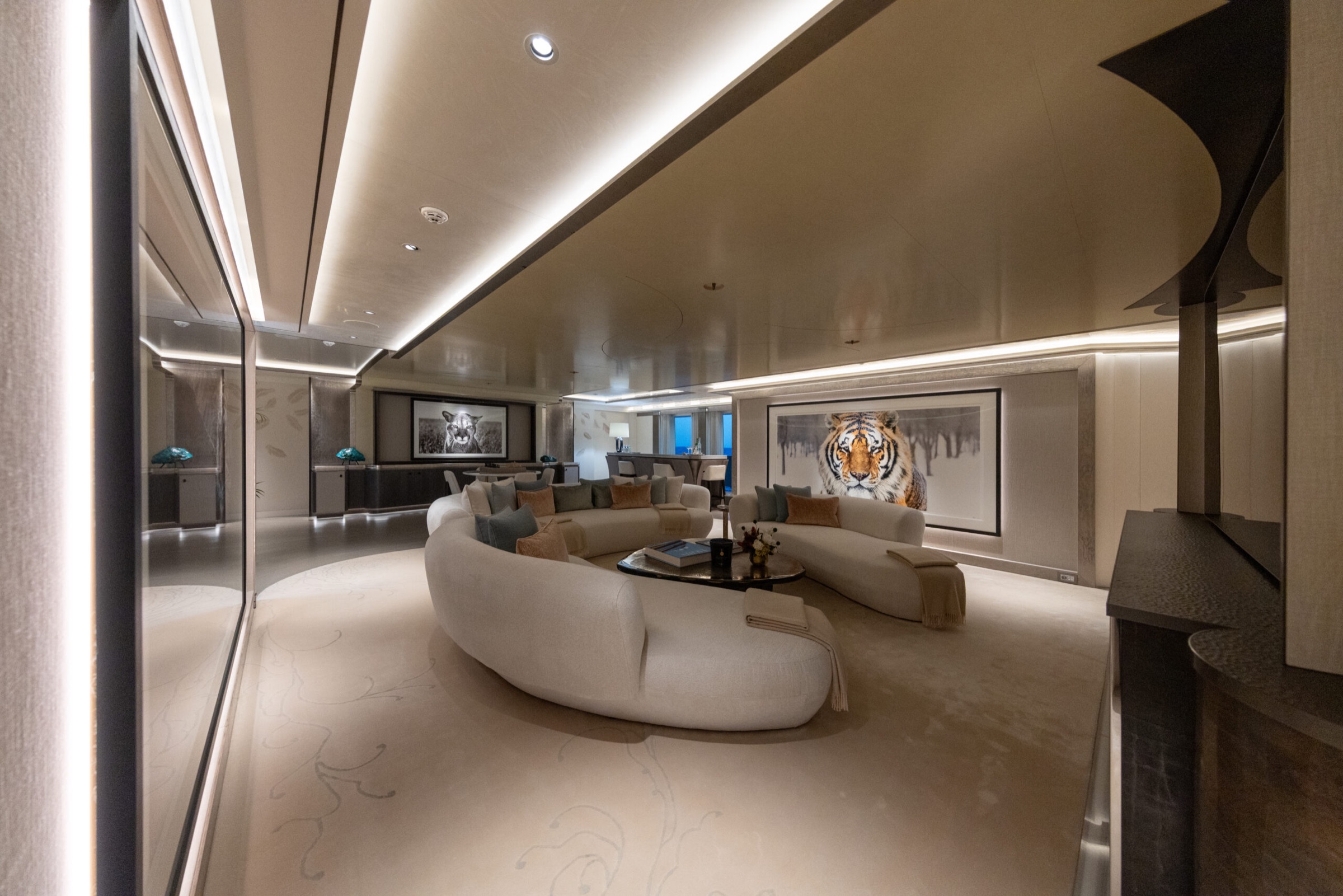 Lounge with curved white sofas